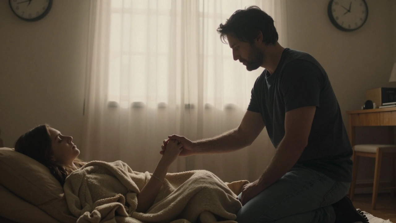 A dominant holding a submissive’s hand in silent comfort, morning light streaming through curtains, conveying safety and presence.