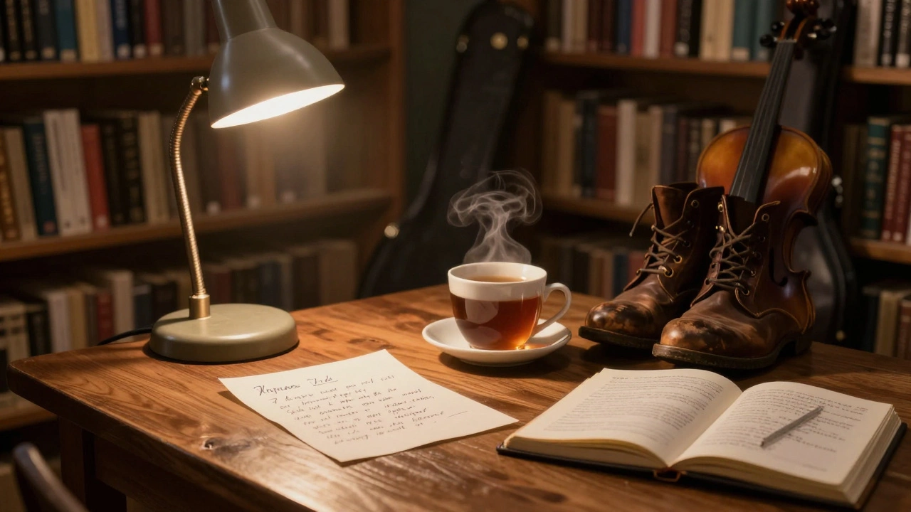 A handwritten note and teacup rest on a wooden table in a cozy bookstore, bathed in warm lamplight.