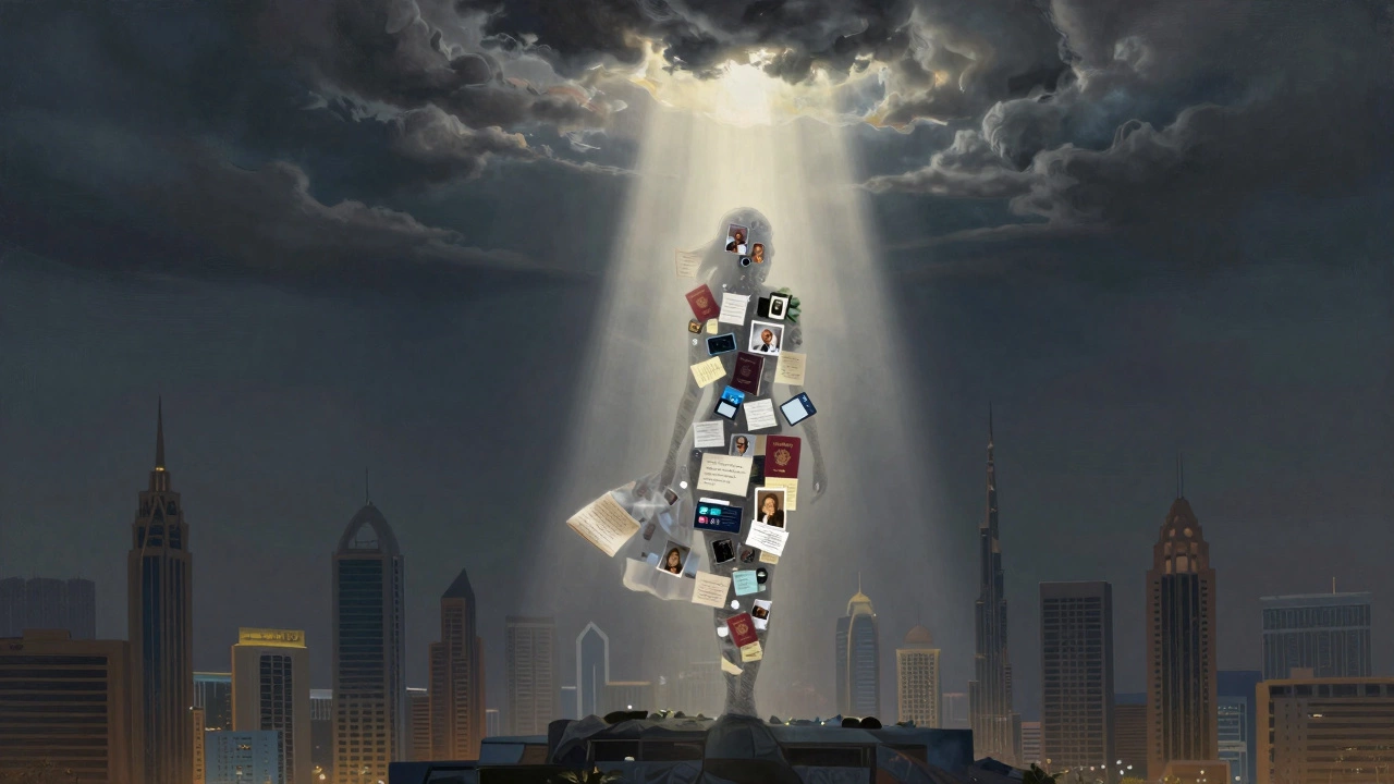 A translucent woman rising above Dubai, made of cultural and personal fragments, bathed in light.