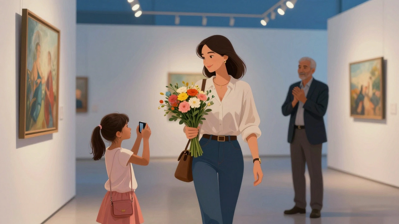 A woman and young girl laughing together at an art gallery in Dubai, flowers in hand.
