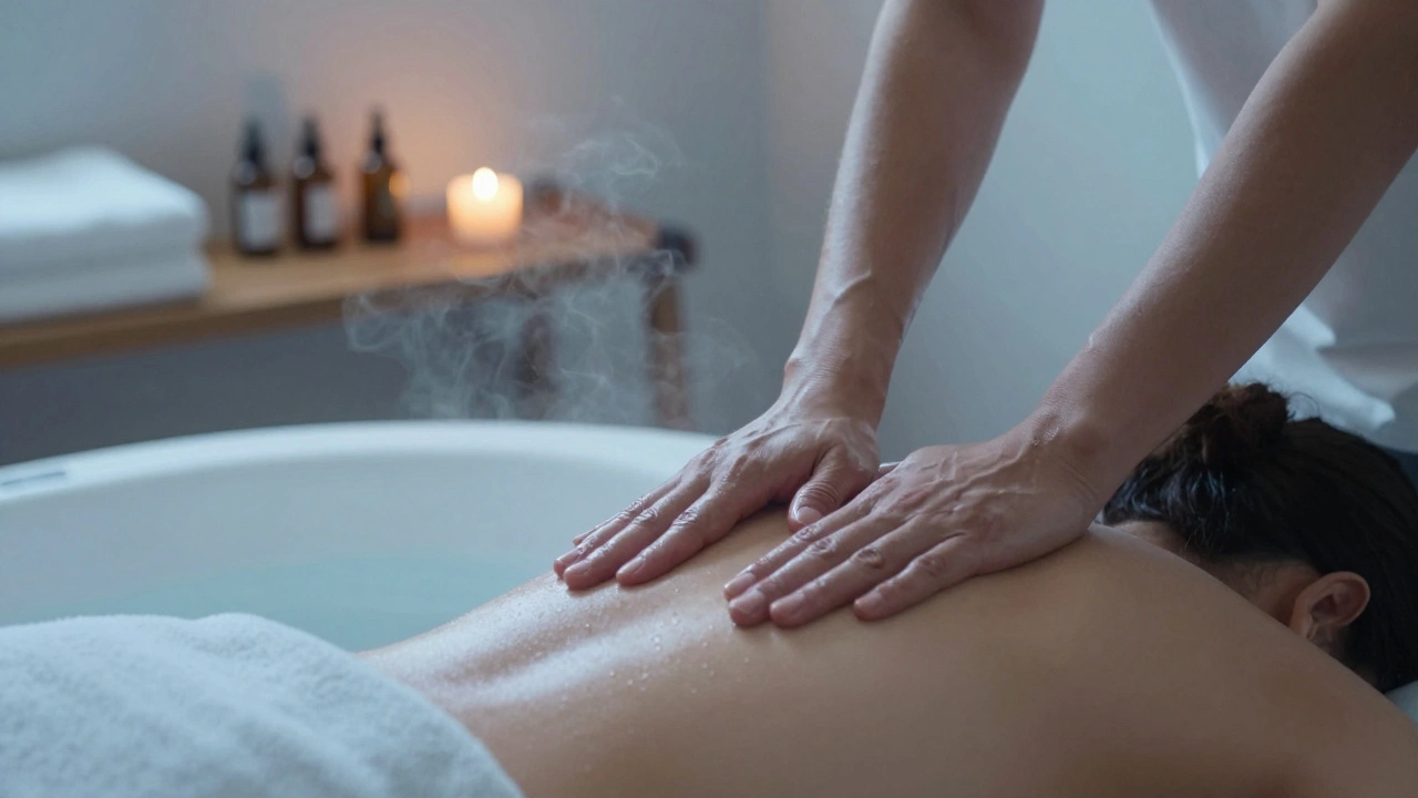 Gentle hands giving a therapeutic massage to a person’s back in a calm, steamy spa environment, no faces shown.